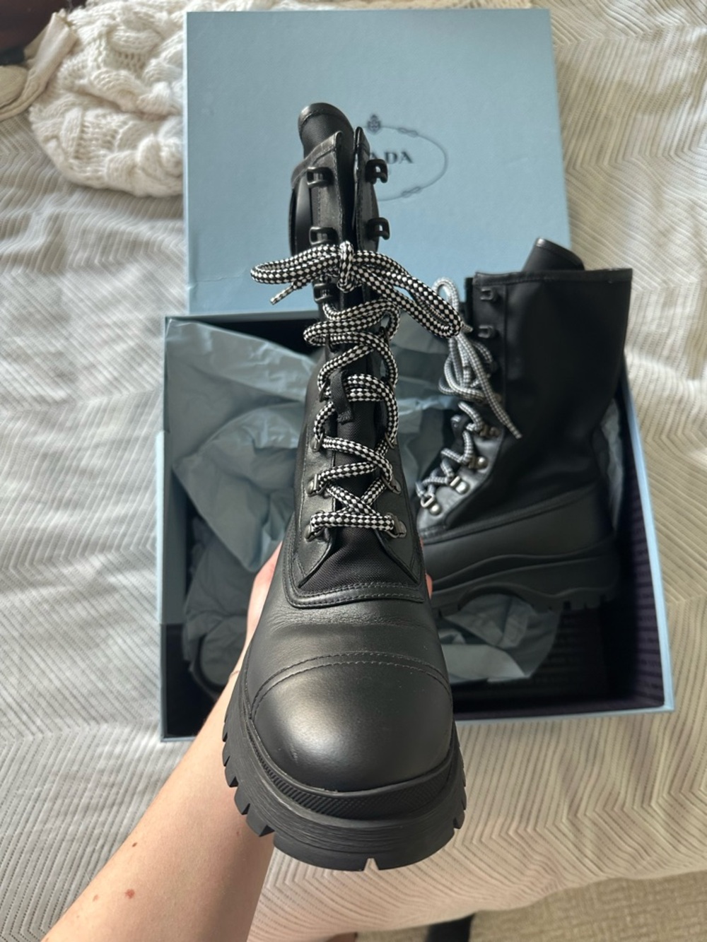 Prada Black Leather Lace-Up Lug-Sole Boots - Picture 3 of 5